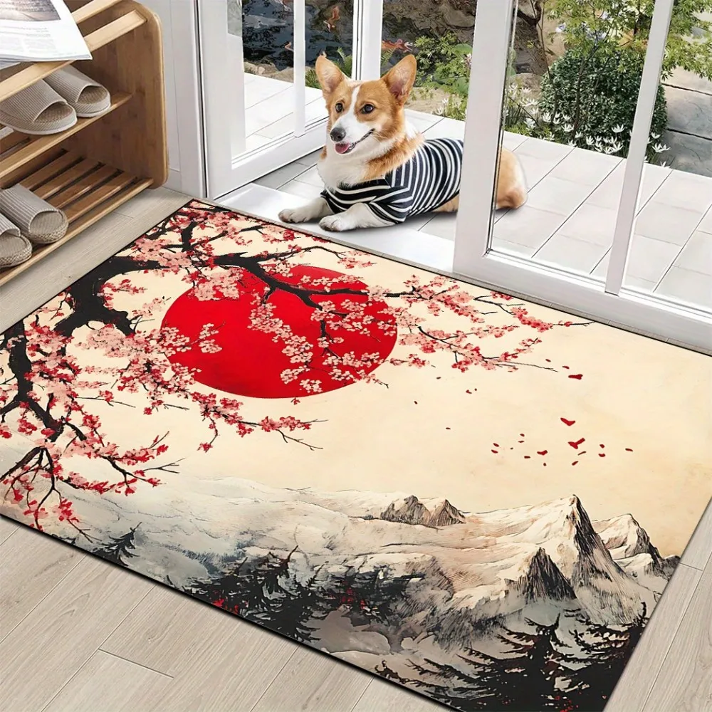 

VIKAMA Japanese Landscape Sunset Cherry Blossom Doormat Ideal for farmhouse porches, offices, and home decor flooring