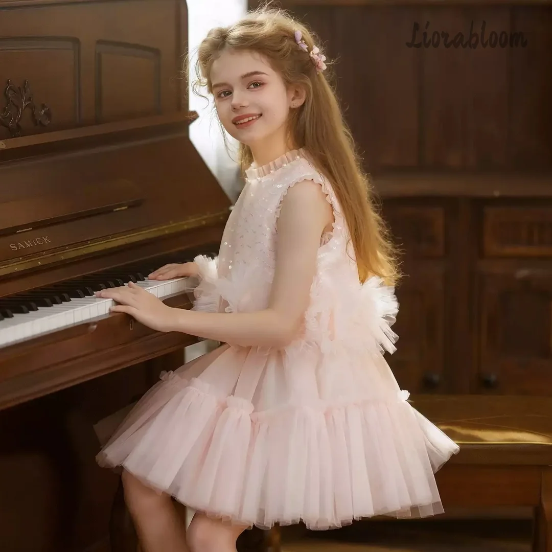 Abito da damigella d'onore personalizzato in tulle rosa a due pezzi per bambina, abito da festa nuziale da donna