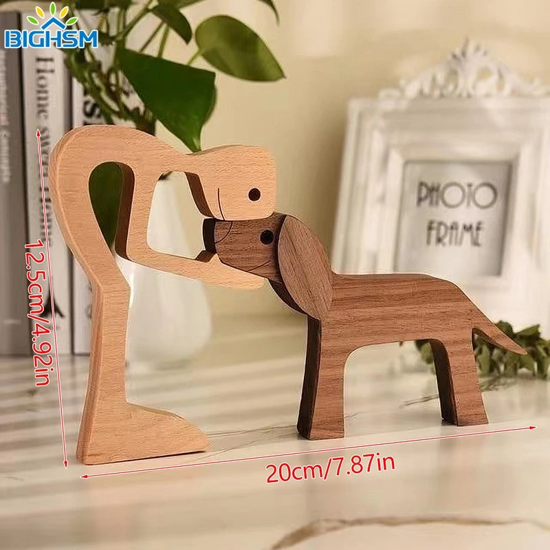 Family Puppy Wood Dog Craft Figurine Valentine's Day Gift Carving Model Home Office Decoration Christmas Gift Couple Decoration