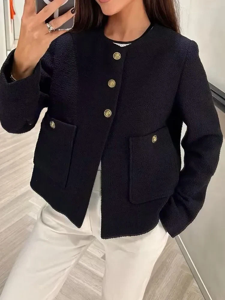 ZABA Women Fashion Single Breasted O Collar Long Sleeve Loose Tweed Short Jacket Casual Elegant Button Pocket Plaid Blazer