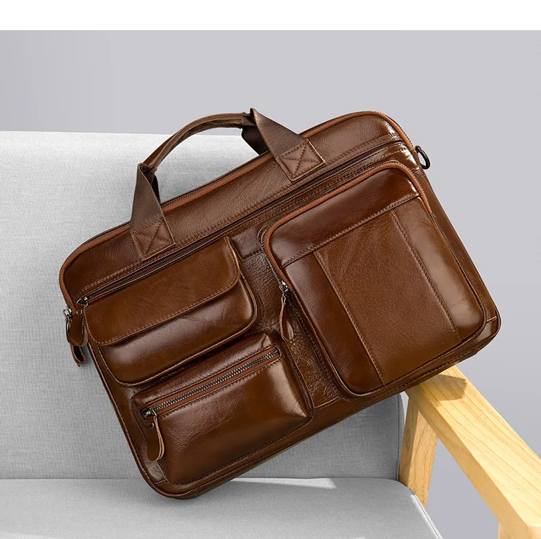 Men's Leather Briefcase Horizontal Large Capacity Business Cowhide Handbag Computer Bag Casual Youth Official Bag