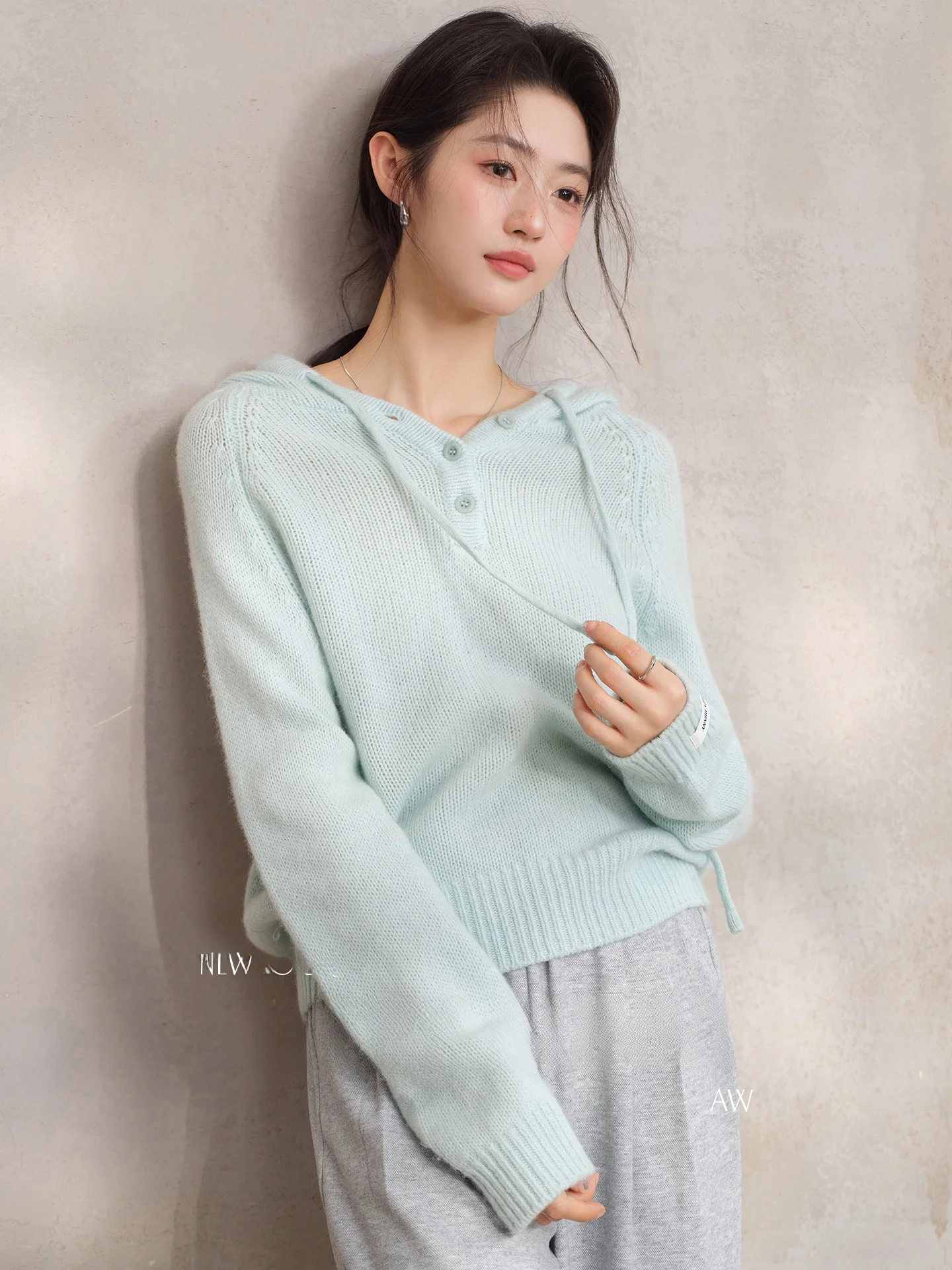 

bunny 00% Wool Hoodie Women's Spring Soft Loose Casual Versatile Base Layer Top Warm Long Sve Hooded Sweater