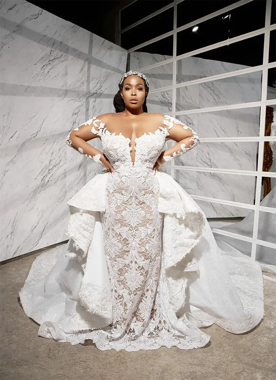 

Свадебное платье русалки с прозрачным вырезом и кружевной аппликацией по индивидуальному заказу со съемной юбкой Vestido De Casamento, свадебное платье с длинными рукавами