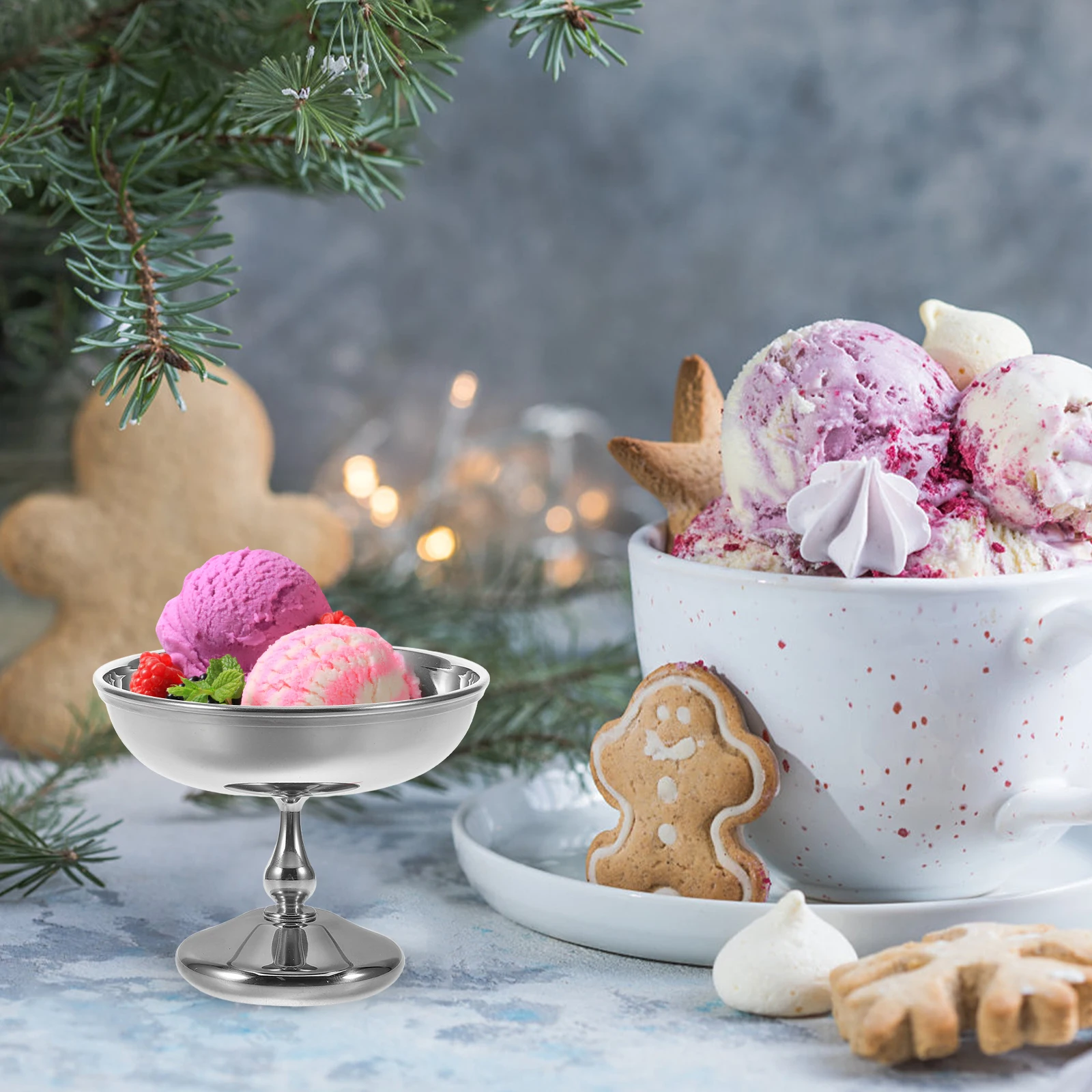 

Stainless Steel Dessert Cup Retro Style Ice Cream Bowl Pudding Container Footed Salad Dish Round Mug Vintage