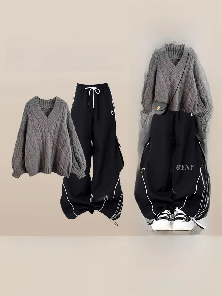 

Осень-зима, новый вязаный свитер Sle V-Ne в стиле ретро небольшого размера Salt System, повседневные спортивные брюки, комплект из двух предметов, женский Fa...