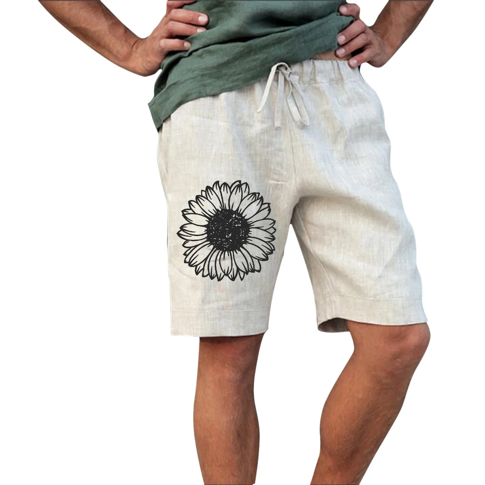 Men's Fashionable Casual Summer Sunflower Printed Drawstring Pocket Shorts Rank Shorts