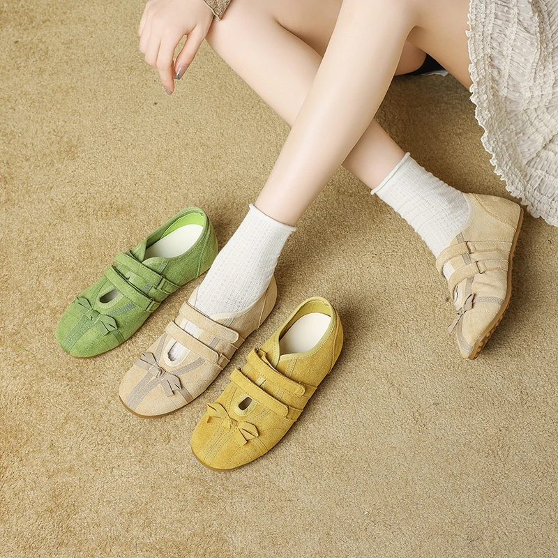 

Новинка 2023 года, туфли на плоской подошве, новые летние туфли из коровьей замши с круглым носком и узлом-бабочкой, мягкая подошва, противоскользящие, износостойкие туфли с низким берцем