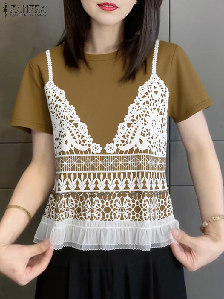 ZANZEA Fake Two Pieces Printing T-Shirts Woman Summer 2025 O-Neck Short Sleeve Contrast-Color Lace Hem Tees Korean Fashion Tops - Image 3