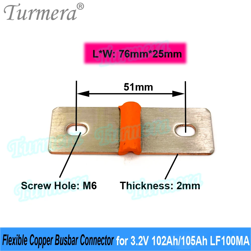 Turmera 12V Lifepo4 Battery Flexible Busbar Copper Connecter Hole to Hole 51mm 2mm 400A Use in 3.2V 100Ah EVE LF100MA LF100LA