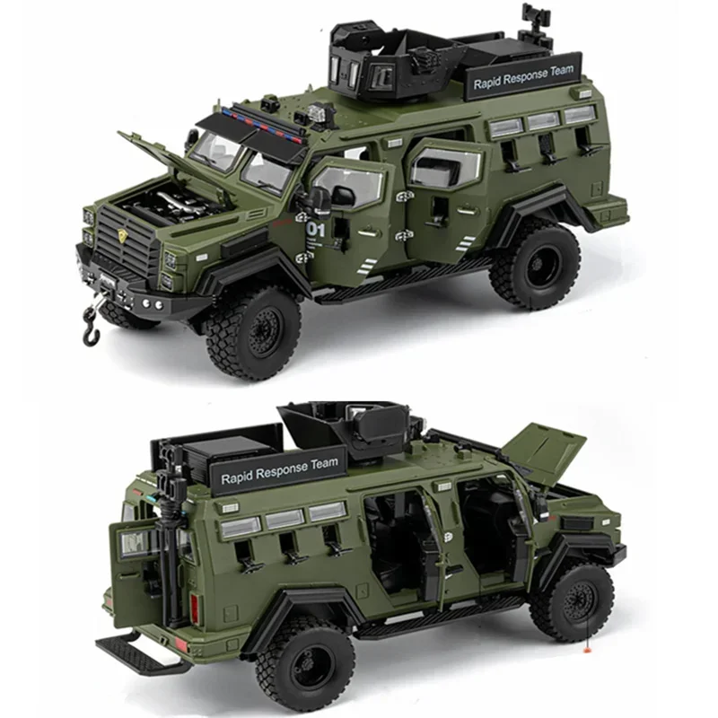 1:24 Sword Toothed Tiger Explosion Proof Car Model Diecast Metal Police Armored Off-road Vehicles Car Model Sound Light Kids Toy