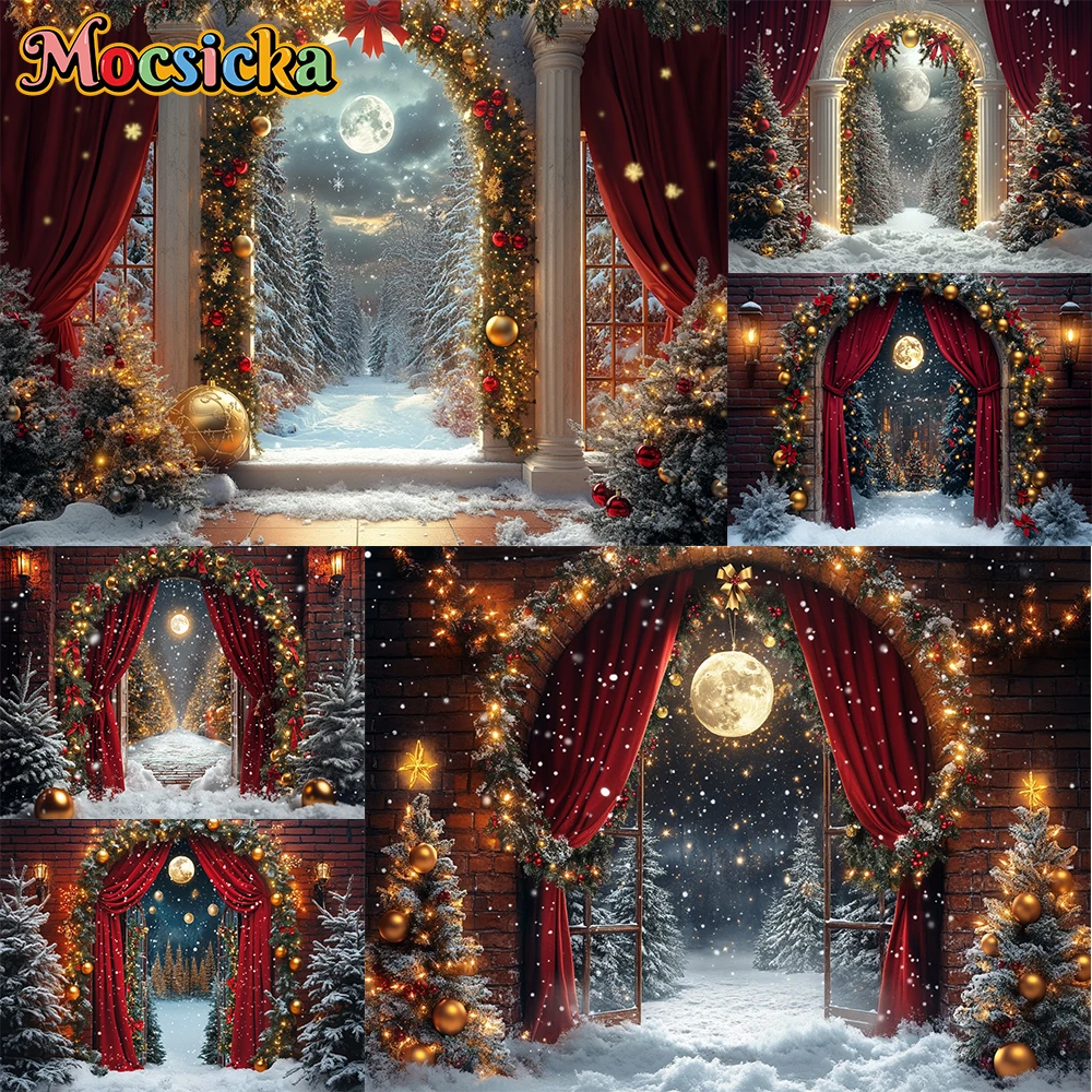 Mocsicka Photography Backdrop Red Curtains Moon Light Decoration Family Xmas Holiday Party Portrait Backgrounds For Photographs