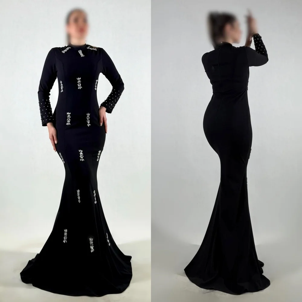 

Customized Long Sleeves Rhinestone Saudi Arabian Formal Evening Dress Mermaid Black Long Dresses Bespoke Occasion Elegant Party