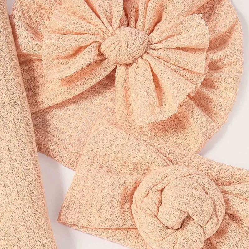 

J15U 3Pcs Newborn Swaddling Wrap Headband Hat Baby Receiving Blanket Hair Band