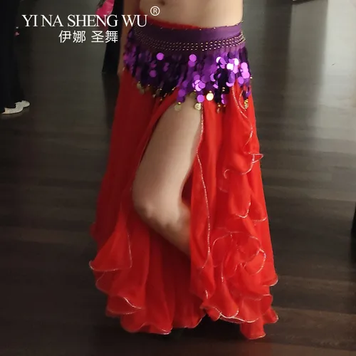 Imagen 2 del producto Falda de danza del vientre de gasa con hoja rizada, falda con orejas con doble hendidura, falda de baile con abertura larga, falda española para práctica de rendimiento para mujeres adultas