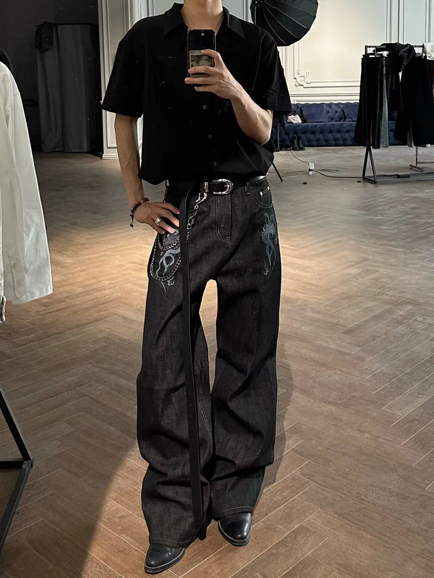 

Retro American High Street Snake Bone Print Wide Leg Jeans Loose Straight Long Trousers for Men And Women Clean Fit Trendy