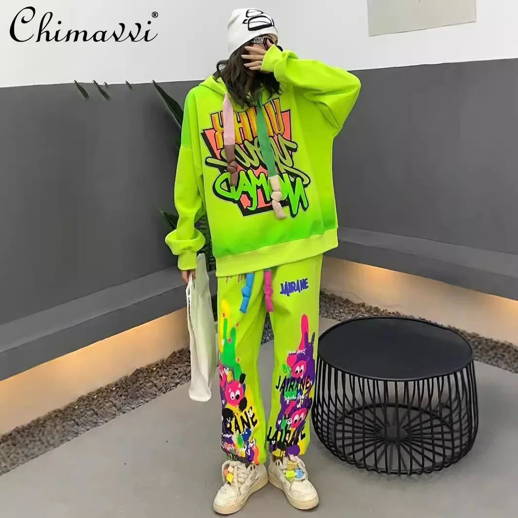 

Fashion Contrasting Colors Loose Long-sleeved Hooded Sweatshirt Two-piece Set Autumn Loose Top Trousers Casual Women Two-piece