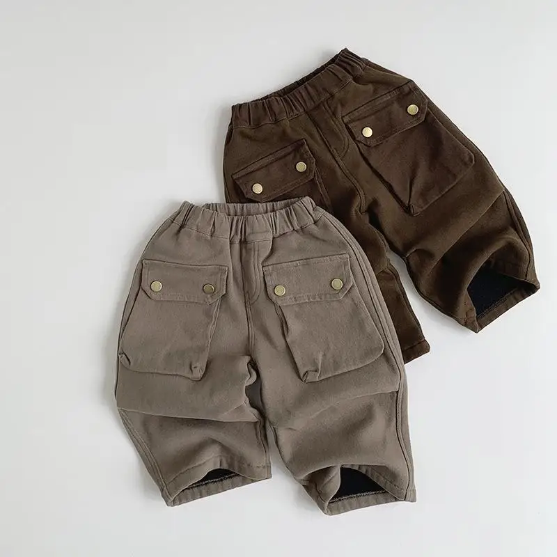 

Winter New Children Plus Velvet Thick Trousers Solid Versatile Boys Cargo Pants Girls Loose Casual Pants Kids Fleece Warm Pants