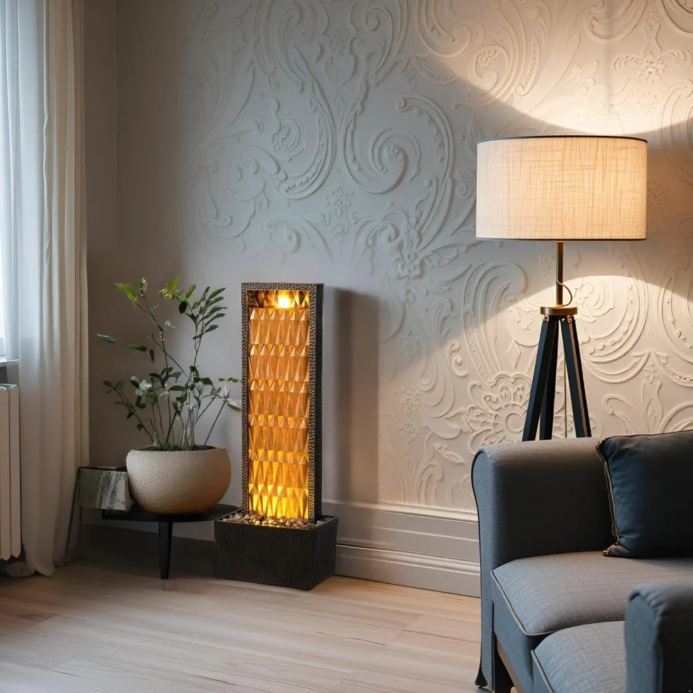 실내용 분수 - 27인치 높이의 폭포 수경 시설, 화려한 금색 디자인, 집, 거실, 사무실, 야외 장식용