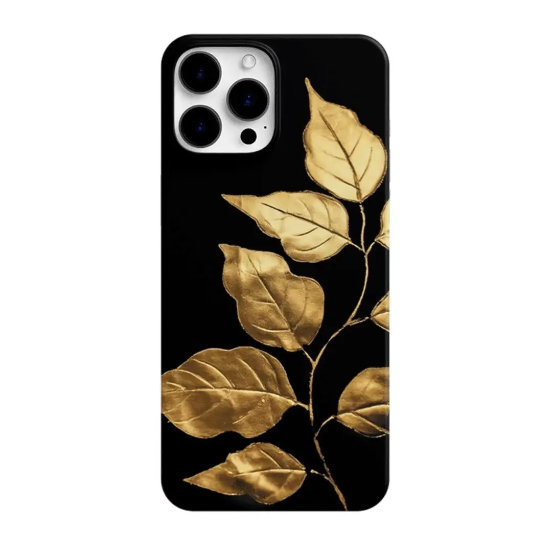 Luxury Golden Tree Leaf Glossy Frame Phone Case For iPhone 11 12 13 14 15 16 17 Air Plus Pro Max XS XR Black Protective Cover