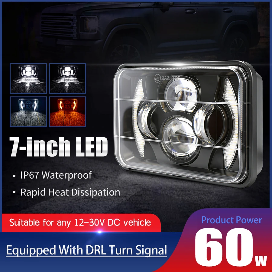 

60W 7x6'' 5X7" Inch Led Headlights H4 Hi-Lo Beam Halo DRL or Jeep Wrangler YJ Cherokee XJ Accessories H6054 H5054 6052 6053
