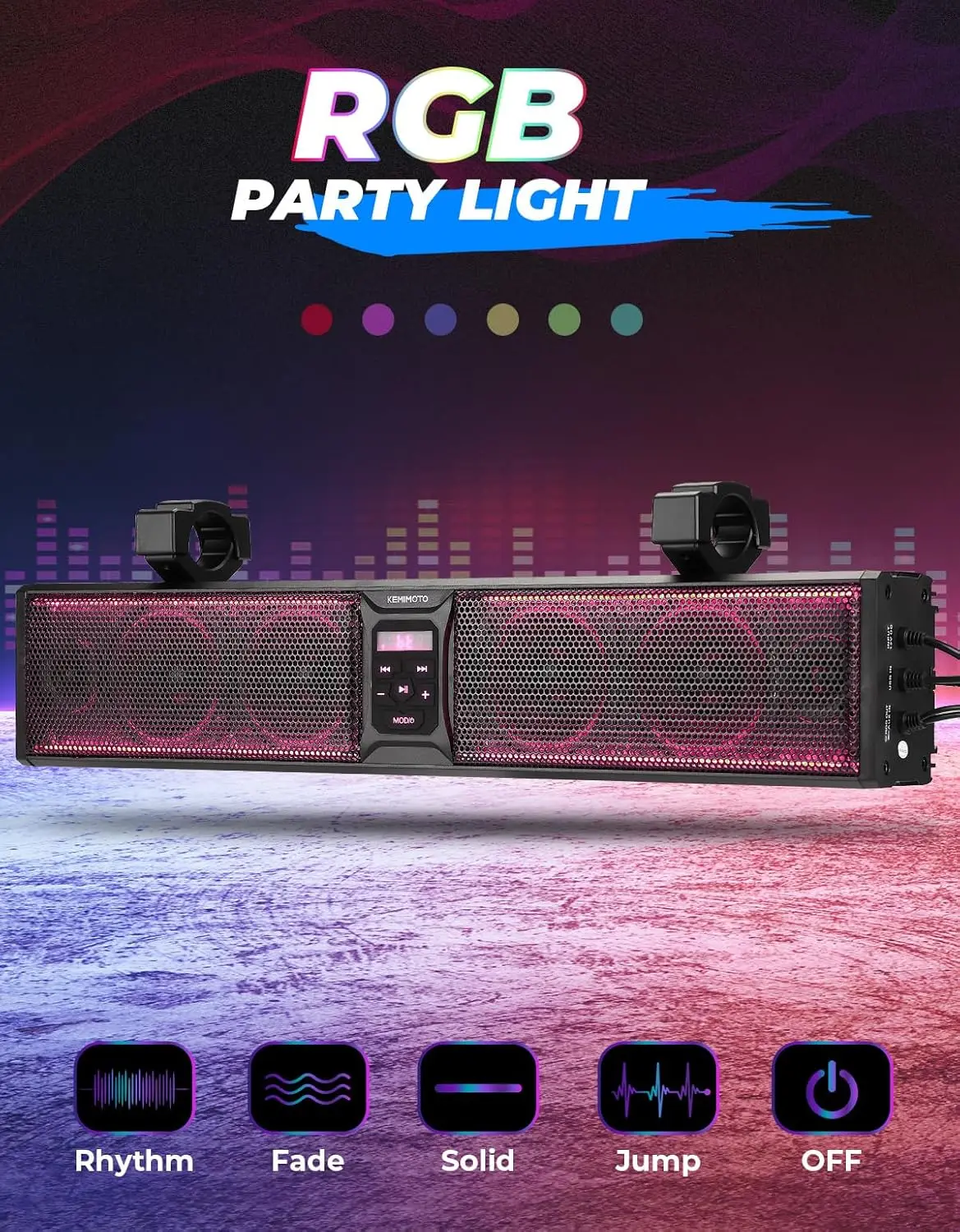 KEMIMOTO 6-Speaker Metal UTV Sound Bar Waterproof Bluetooth Music Sync Multicolor Lights 26-inch SxS