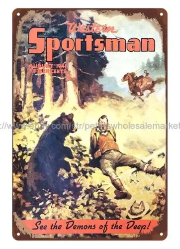 1941 Western Sportsman Black Bear Hunting horse metal tin sign wall decor cafe