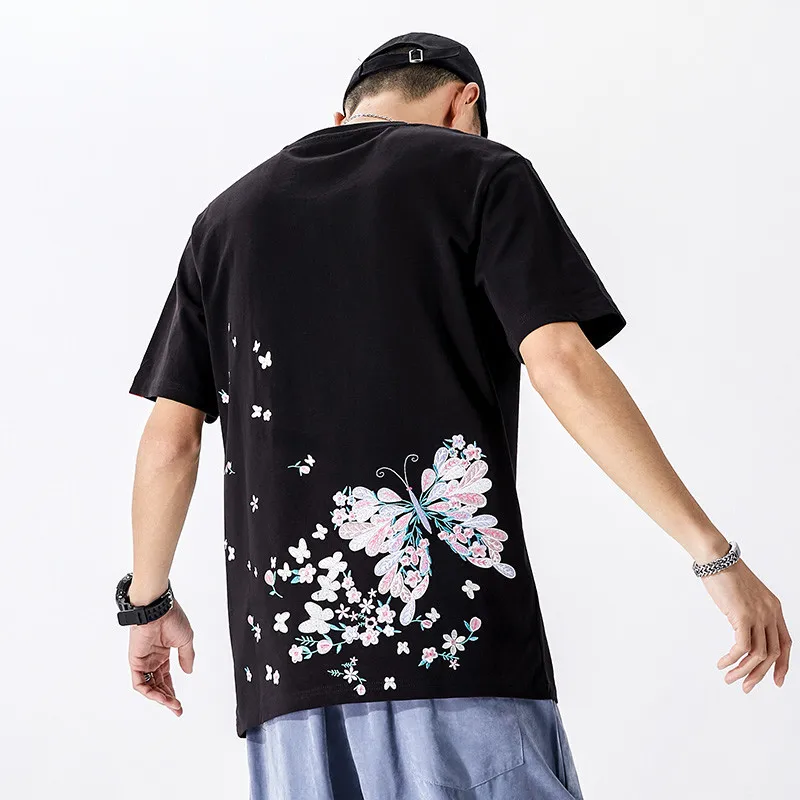 Fashion Embroidery T Shirt Men Women Butterfly Harajuku T Shirt Cotton Short Sleeve Loose Couple Streetwear Unisex Summer Tops