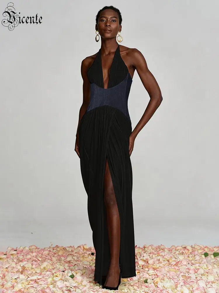 

Черное джинсовое платье макси VC с глубоким V-образным вырезом и пэчворком для женщин, с открытой спиной, на бретельках, с корсетным поясом, драпировкой и завышенной талией, для торжественных мероприятий, 2026