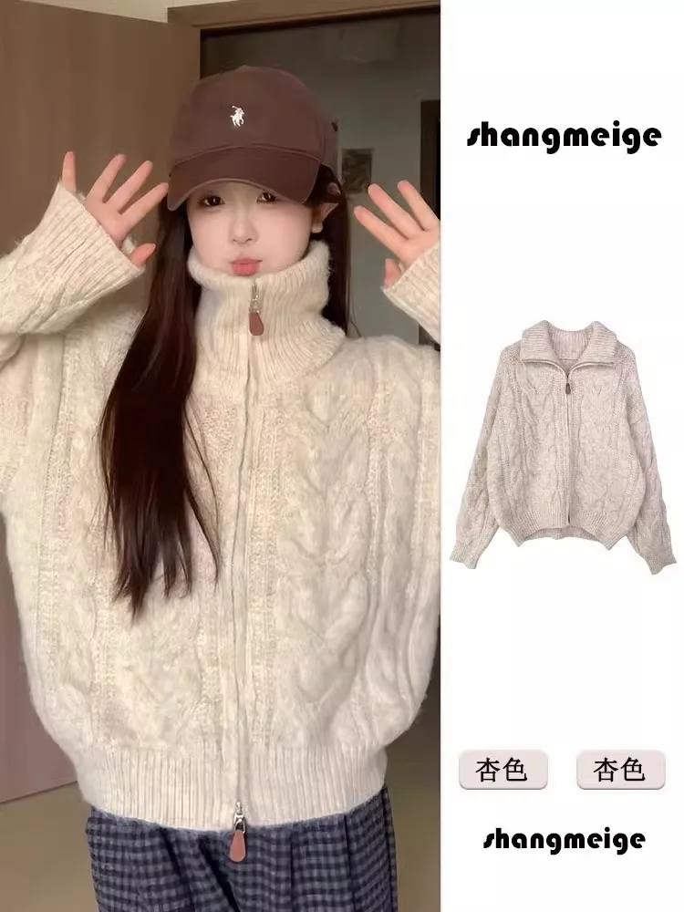 Rebeca de Punto Cable Cremallera Mujer Cuello Alto Cardigan Grueso y Cálido Estilo Y2K Otoño Invierno Casual Suéter Knitwear Corto Holgado