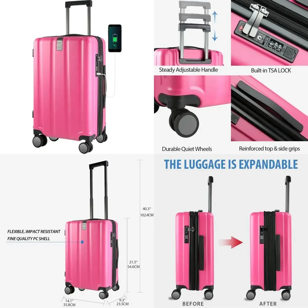 Expandable Hardside Spinner Luggage with TSA Lock, Durable Rolling Suitcase for Travel with USB Port, Long-lasting Carry-On Bag
