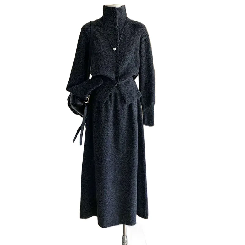 Temperament Sweater Set for Women's 2025 Autumn and Winter New Item, Single Breasted Knitted Top, Half Skirt Two-piece Set Dress