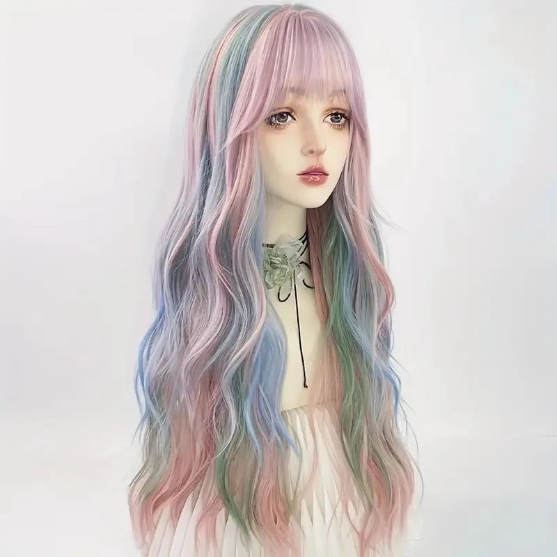 Rainbow Ombre Pink Blue Green Mixed Long Wavy Women Wigs With Bangs Synthetic Lolita Cosplay Wig For Party Heat Resistant - view 4