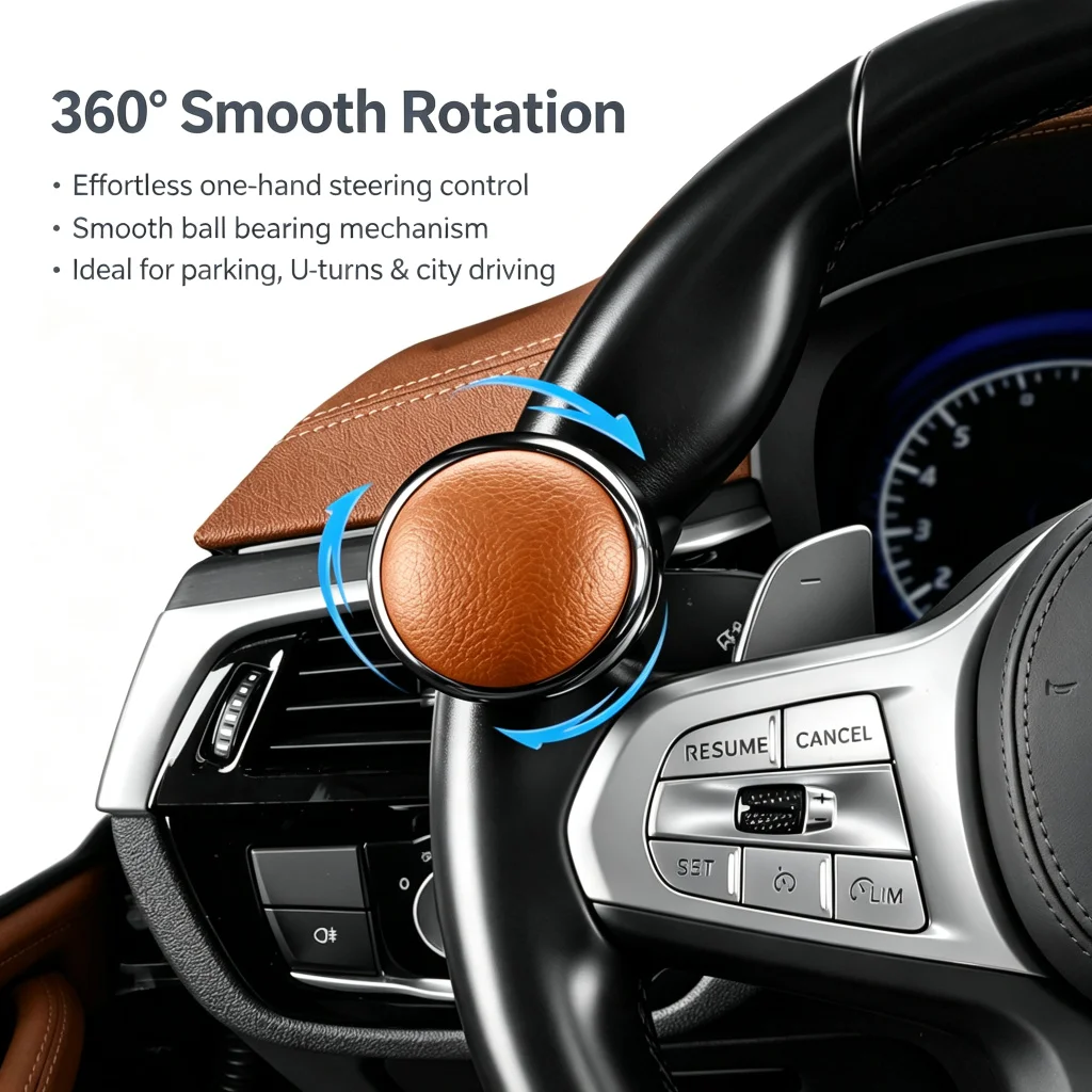 Car Steering Wheel Spinner Knob Premium Leather Chrome Finish Anti Slip Auxiliary Power Handle Booster Ball For Car Truck SUV