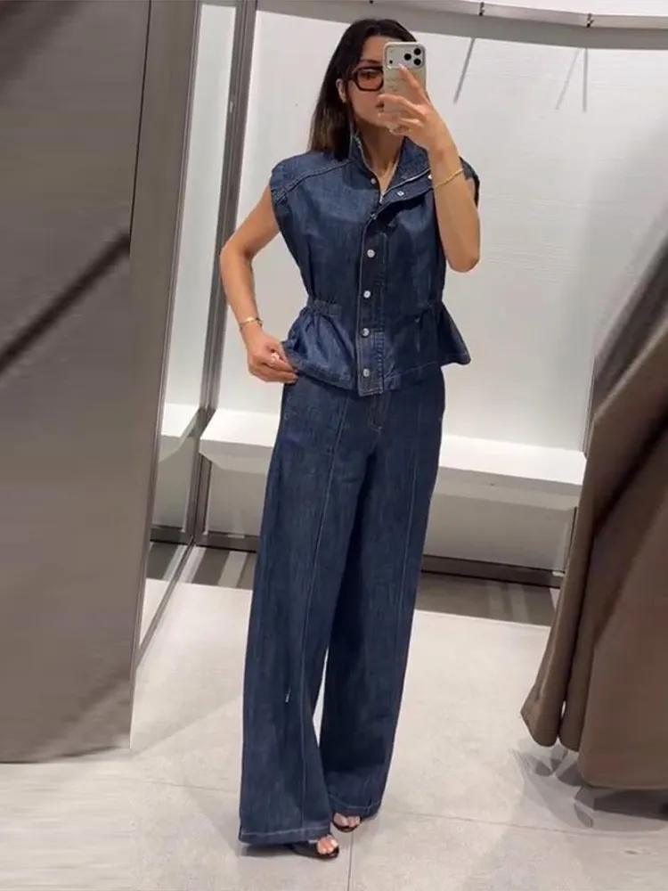 Ärmelloses Jeanswesten-Hosen-Set für Damen mit elastischem Bund, Stehkragen-Oberteil mit Knopfleiste und gerader Hose – Schickes Streetwear-Outfit für die moderne Dame – Detail 17