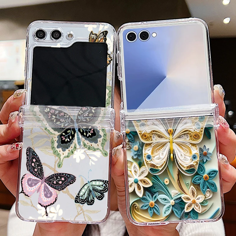Colored Butterfly Patterned Phone Case For Samsung Galaxy Z Flip 7 FE 6 5 4 3 5G Folding Hard PC Clear Cover For Samsung Z Flip7