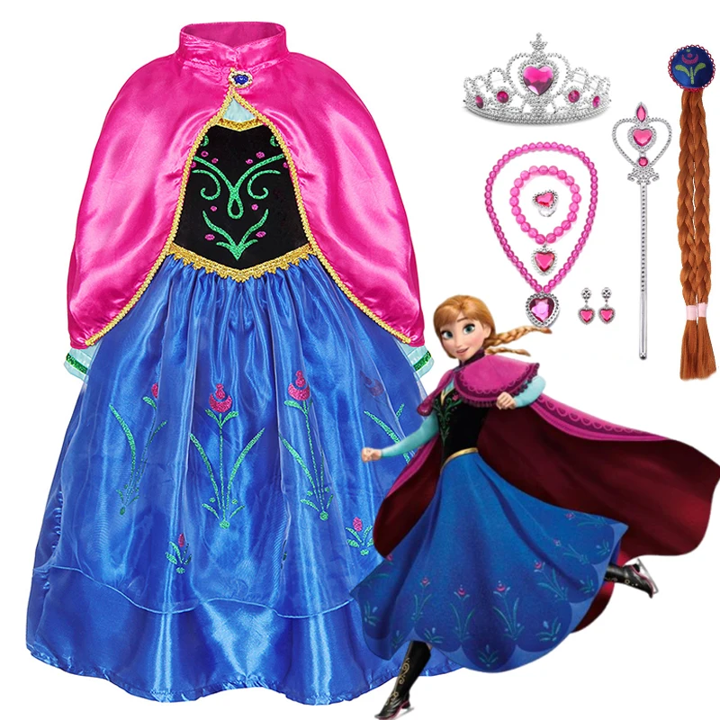 Princess Disney Anna Dress With Cape for Kids Girls Long Sleeve Carnival Disguise Frozen Party Clothes Children Anna Gown 2-10T