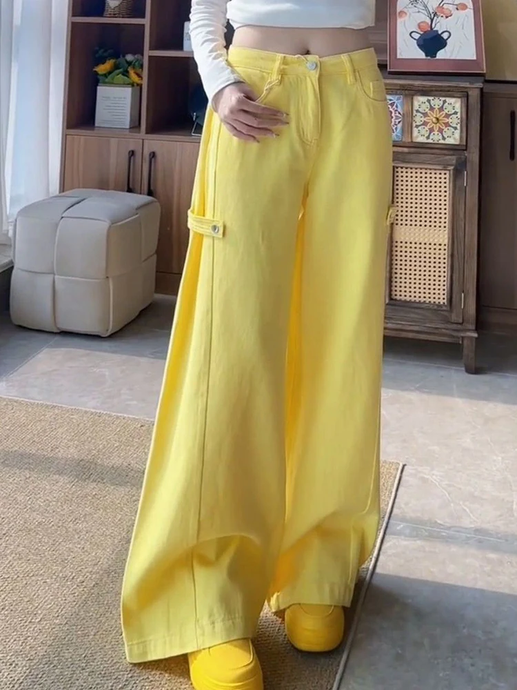 Sweet Yellow Jeans Women Loose High Waist Vintage Preppy Style Denim Pant Casual Pockets Fall Winter Retro Wide Leg Trousers New