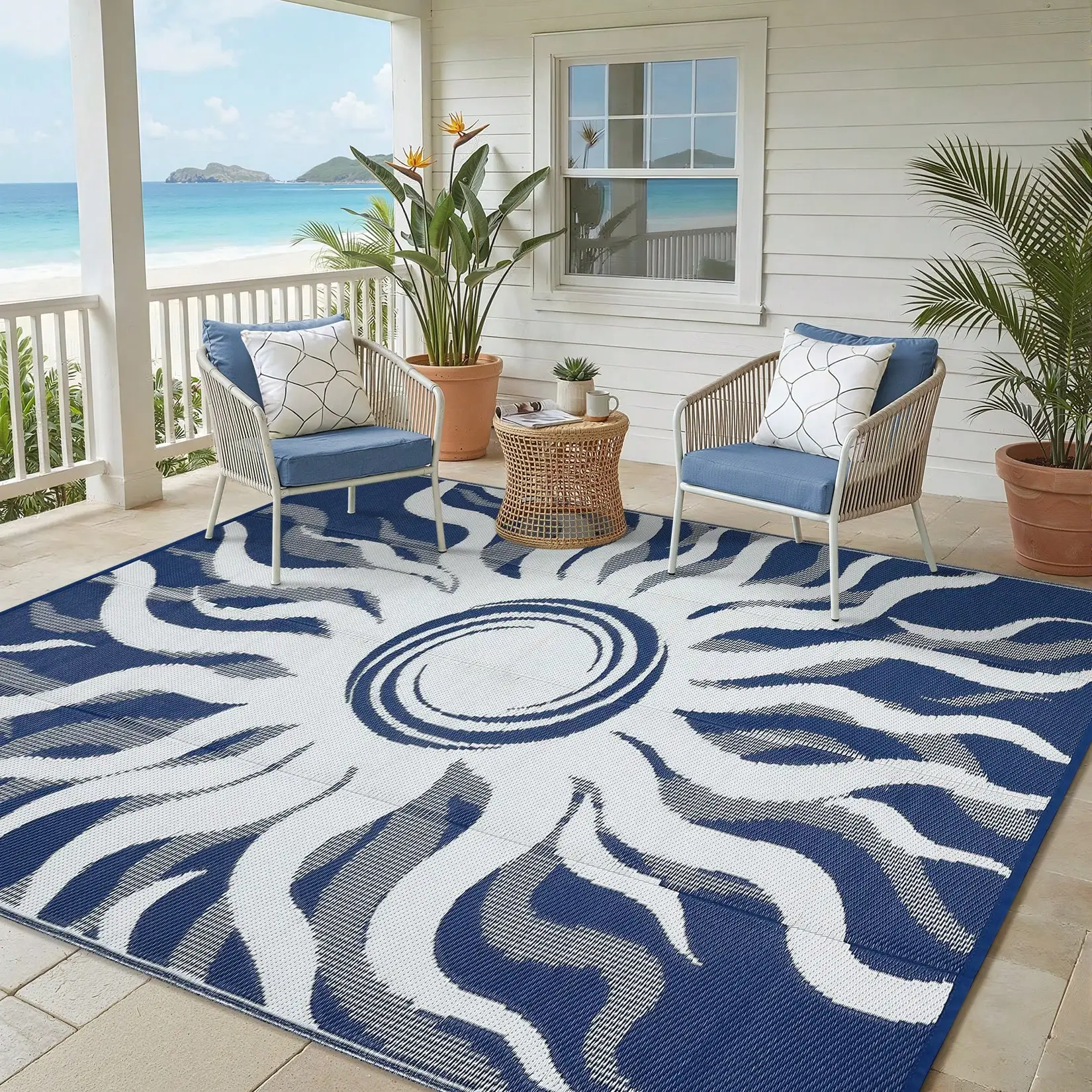 

Boho Sun Pattern Outdoor Area Rug For Balcony Pool RV Waterproof Reversible Mat Palm Vintage Straw Plastic Camping C