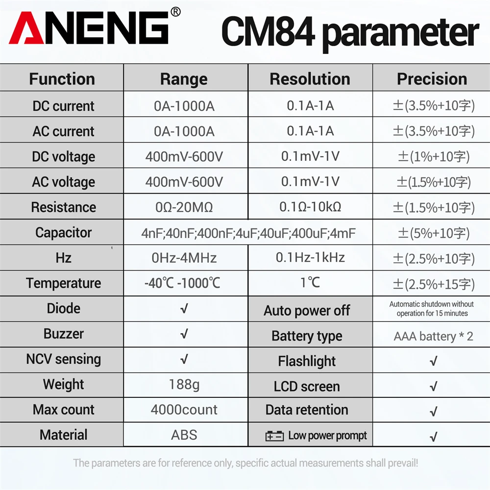 ANENG CM84 cyfrowy miernik cęgowy DC/AC prąd i napięcie 4000 zlicza miernik prądu multimetru miernik samochodowy Amp Hertz kondensator NCV
