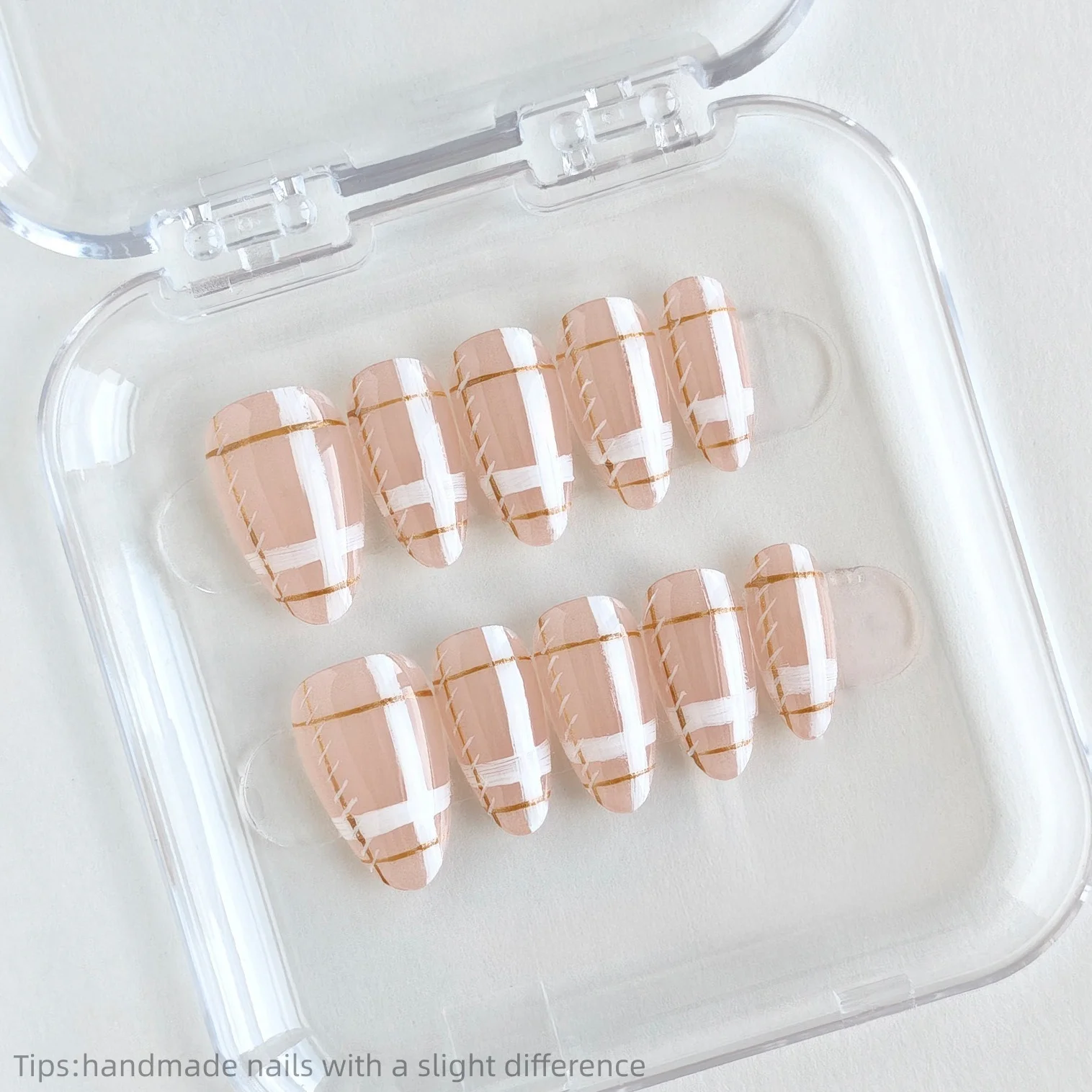 

10PCS Handmade Nude Pink Stripe Press on Nails Gold Line Design 2026 Trendy Almond Wearable White Match INS Fake Nails Tips