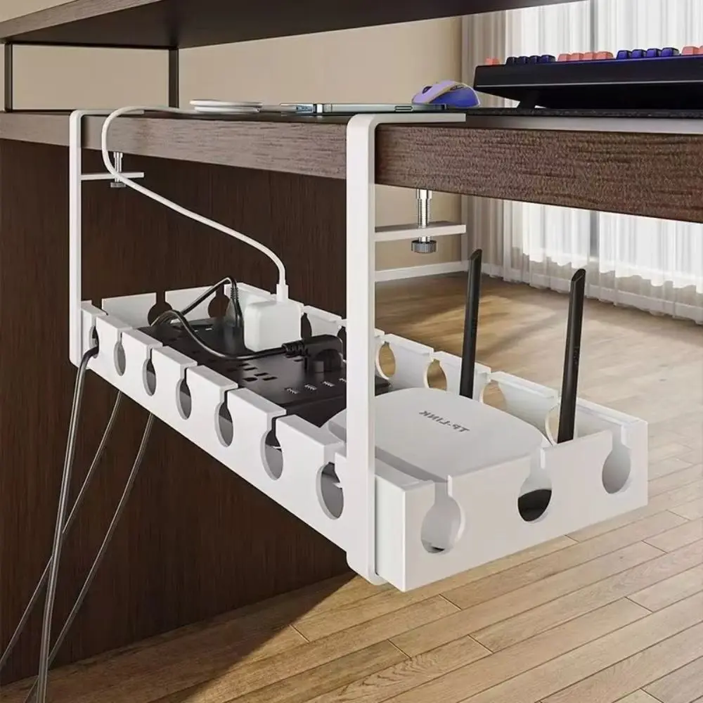 Extendable Under Desk Cable Management Tray Sturdy Space Saving Cable Tray No Drilling Adjustable Clamps Cord Hider Raceway