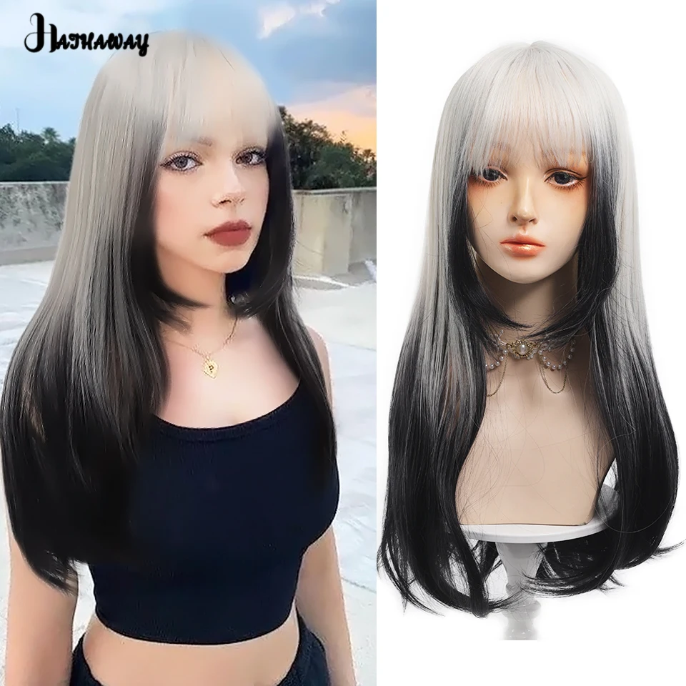 26 Inch Long Hair Wig Female Synthetic White Gradient Black Long Straight Hair Wig Cosplay Lolita Party Holiday Activities Wear