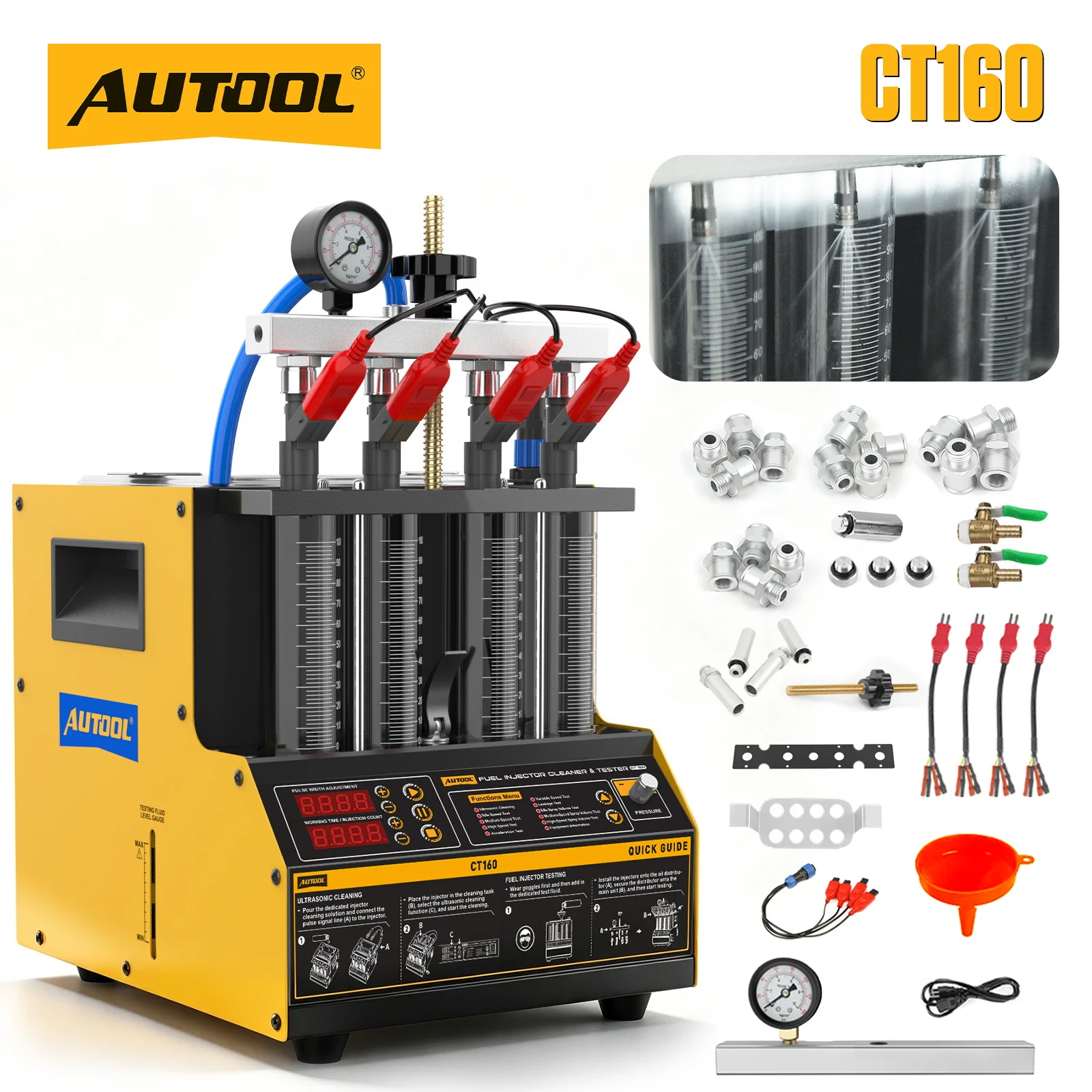 AUTOOL CT160 Car Fuel Injector Cleaner Tester Machine Heated Ultrasonic Cleaning 4 Cylinder Automotive Injector Tool 110V 220V