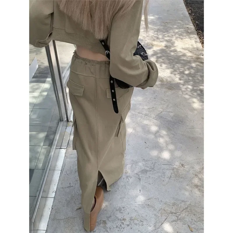 Conjunto de dos piezas de estilo americano para mujer, Sudadera con capucha de manga larga con estampado Vintage, Tops de otoño, faldas Cargo de longitud media, Primavera, 2023