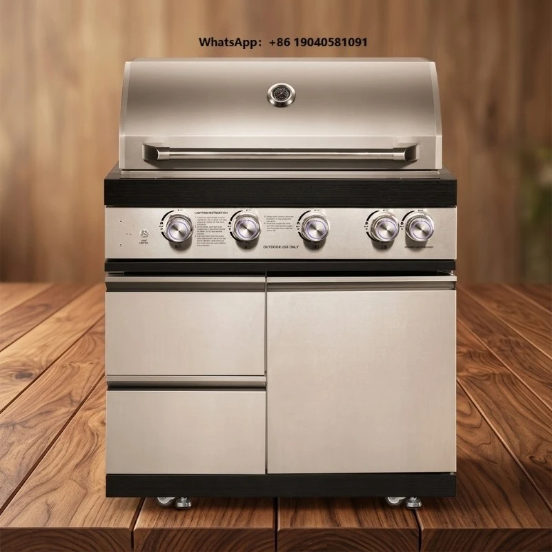 Premium Convenient Outdoor Kitchen Tools Barbecue Built-In 5 Burner Charcoal Grill Stainless Steel 304 Trolley Waterproof