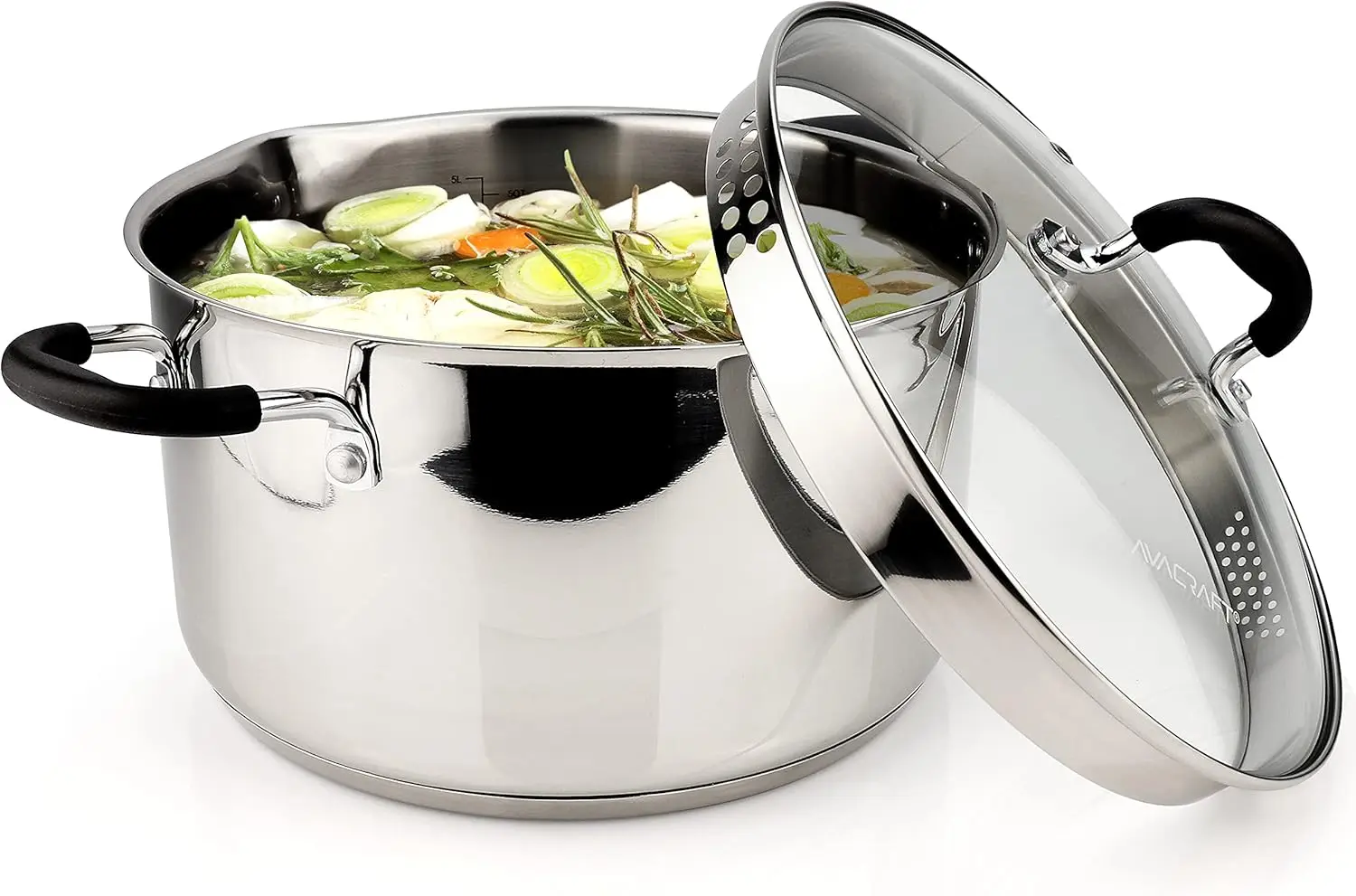 

Stainless Steel Stockpot with Glass Strainer Lid, 6 Quart Stock Pot, Saucepan cookware, Side Spouts, Multipurpose, Sauce, Soup,