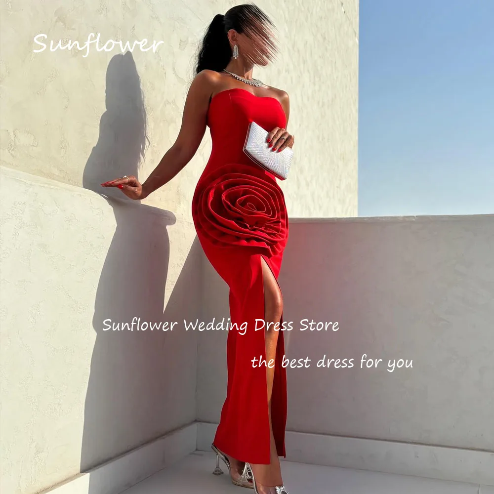 Sunflower Simple Red Sweetheart 3D Flowers Crepe Mermaid Prom dress 2024 Slim Backless Ankle-Length Formal Evening Dress