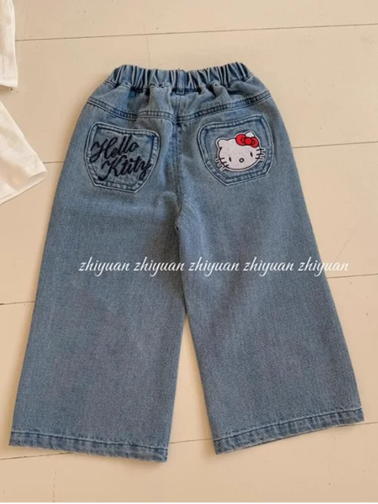 

Cartoon Anime Girl Denim Wide-Leg Pants Hello Kitty Kawaii Spring Autumn New Large Children's Straight Pants Loose Casual