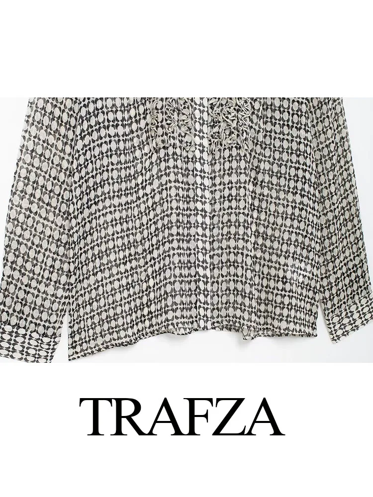 TRAFZA-elegante blusa estampada de um só peito para mulheres, manga comprida, blusa casual, laminada, camisa feminina, verão