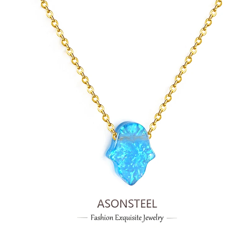 ASONSTEEL Opal Hamsa Hand Pendant Necklace Jewish Jewelry for Women Gold Color Stainless Steel Choker Pendant Jewelry Wholesale